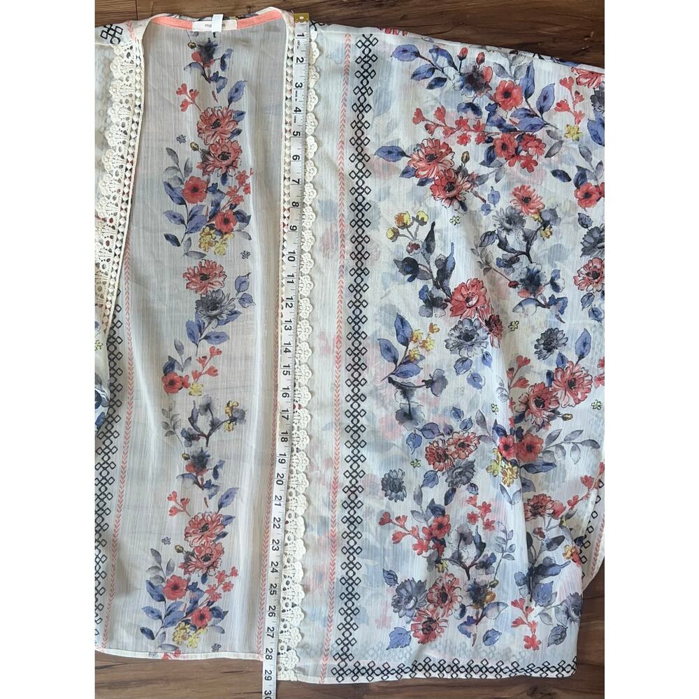 Maurices Crochet Trim Floral Kimono Ivory Coral Blue Sheer Lightweight Long S/M - Picture 7 of 9